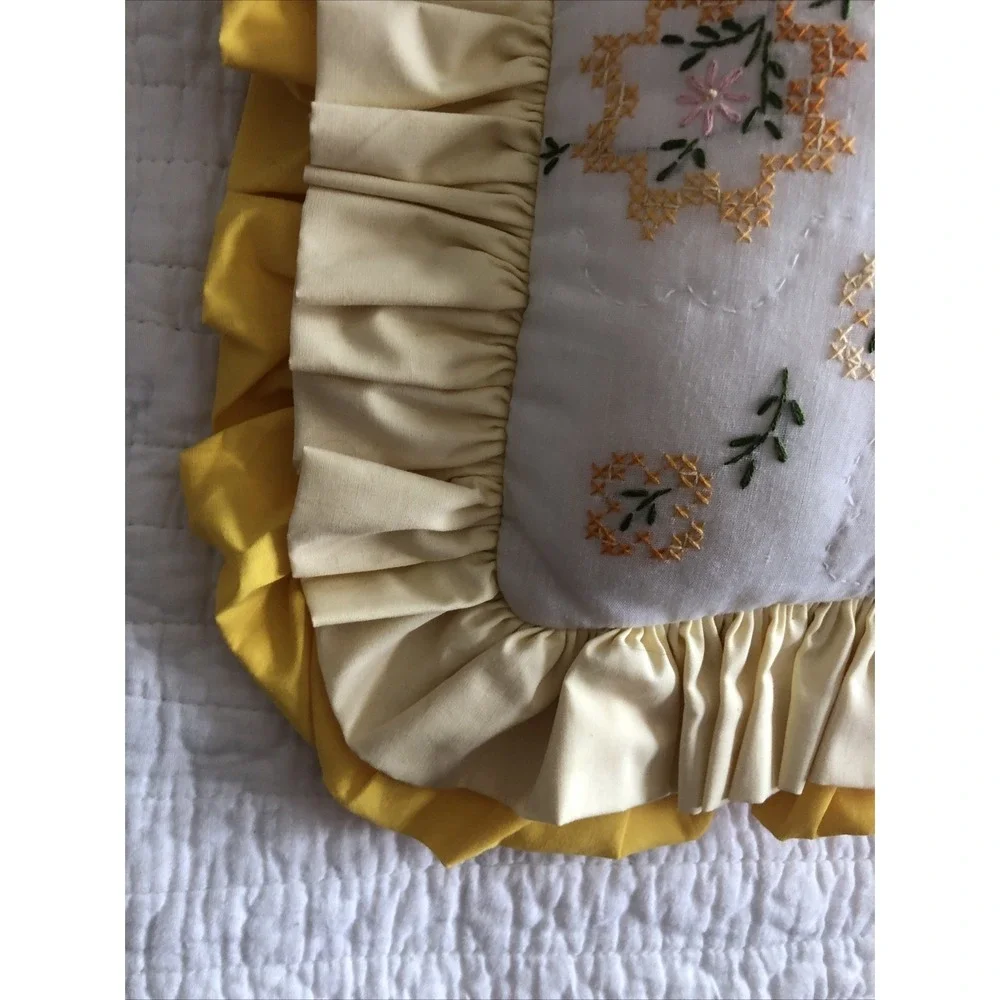 Vtg Quilted Cross Stitch Cream Yellow Floral Pillow Double Wide Ruffle 15x15